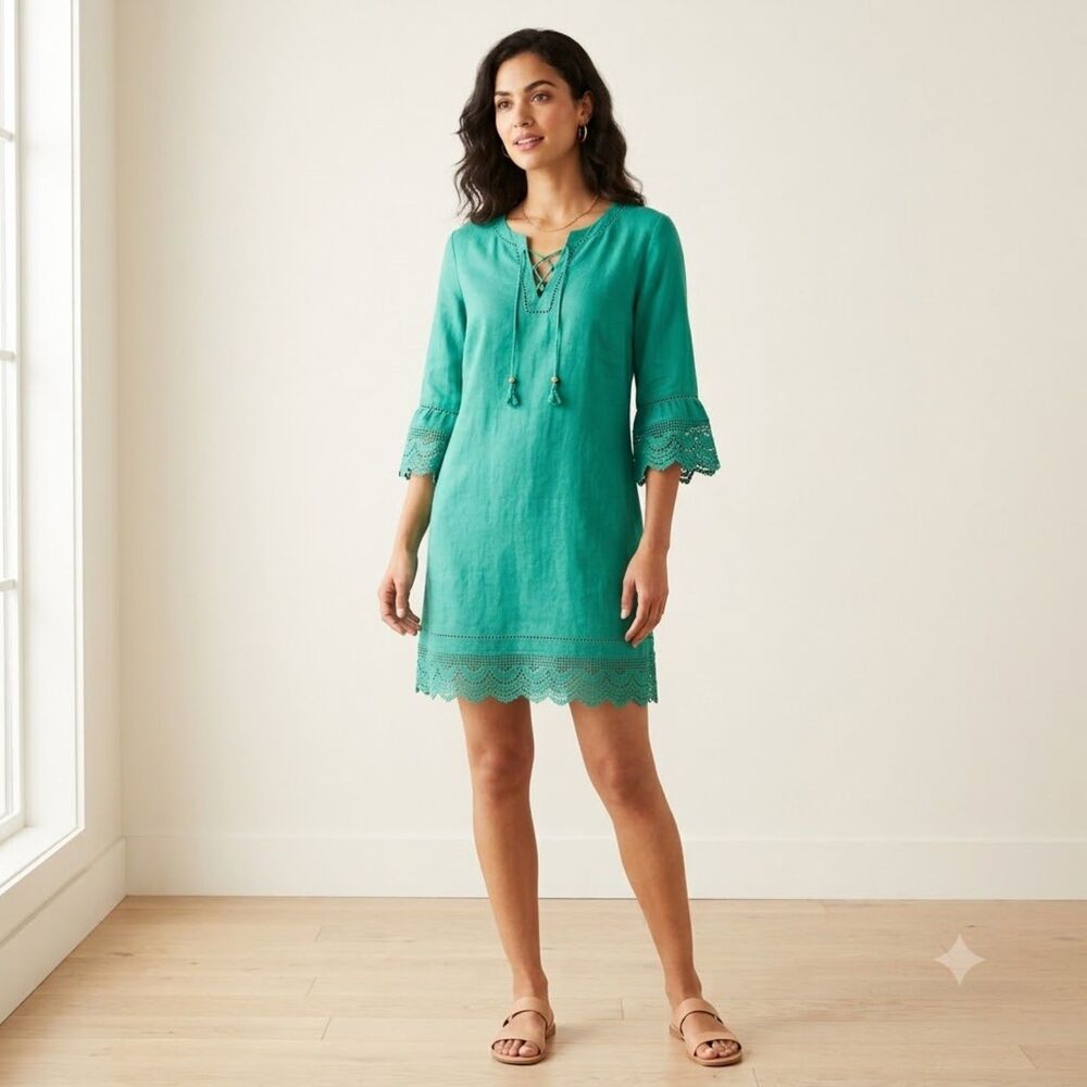 Nanette Lepore Green Mini Dress Size 4 Linen Crochet Trim Summer Lace